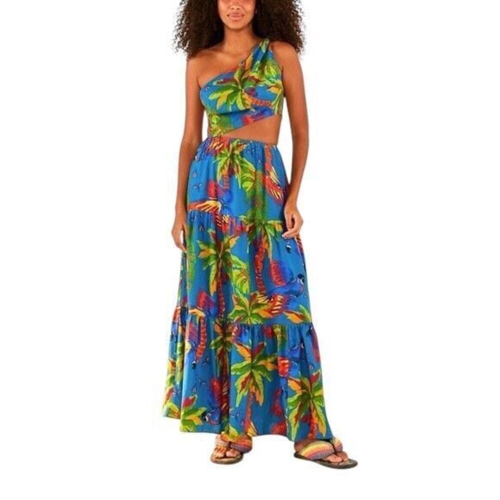 FLYING TOMATO Blue Maxi Dress M Floral Tropical Off The Shoulder Cutout Farm